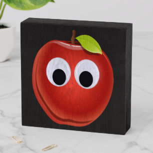 Funny Red Apple with Googly Eyes Wooden Box Sign