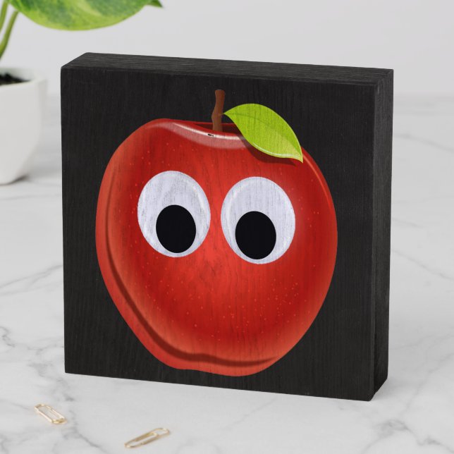 Funny Red Apple with Googly Eyes  Wooden Box Sign (In Situ Horizontal)
