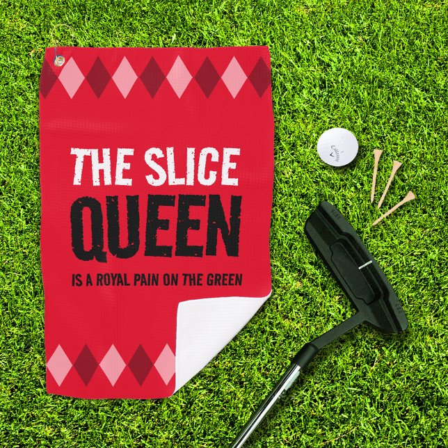 Funny Red Argyle The Slice Queen ... Golf Towel (The Slice Queen red argyle golf towel with putter, ball, and 3 tees on golf green)