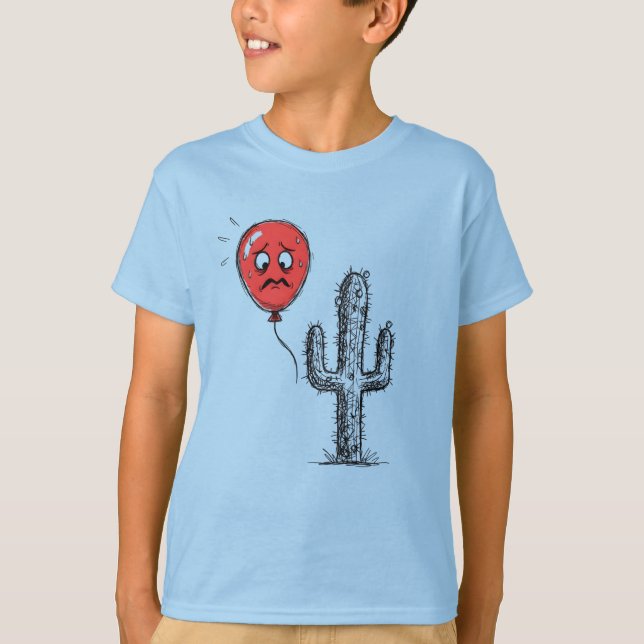 Funny Red Balloon Floating Near Prickly Cactus T-Shirt (Front)