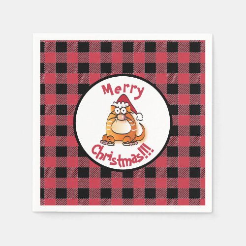 Funny Red Black Buffalo Plaid Christmas Cat Lover Napkins