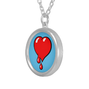 Funny Red Blue Bleeding Heart Liberal Pop Art Silver Plated Necklace