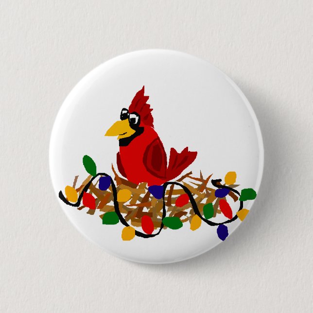 Funny Red Cardinal in Nest with Christmas Lights Pinback Button (Front)