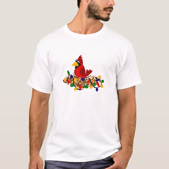 Funny Red Cardinal in Nest with Christmas Lights T-Shirt (Front)