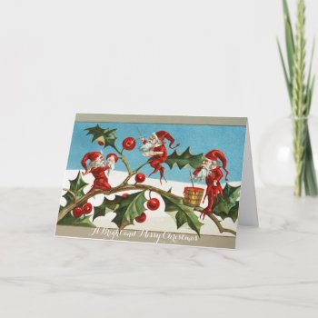 Funny Red Christmas Elves Hollyberries Mistletoes Holiday Card by bulgan_lumini at Zazzle