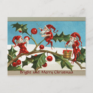 FUNNY RED CHRISTMAS ELVES,HOLLYBERRIES,MISTLETOES HOLIDAY POSTCARD