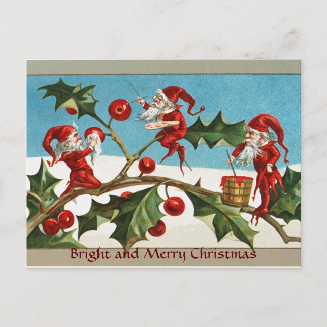 FUNNY RED CHRISTMAS ELVES,HOLLYBERRIES,MISTLETOES HOLIDAY POSTCARD (Front)