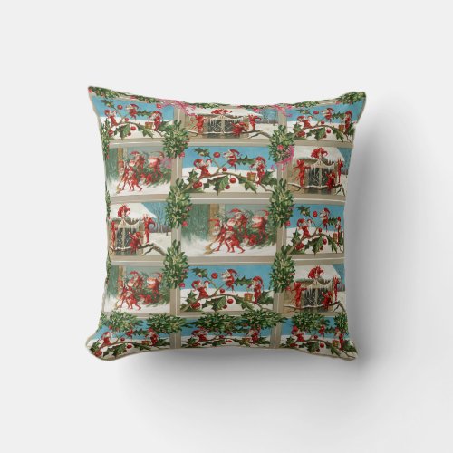 FUNNY RED CHRISTMAS ELVESHOLLYBERRIESMISTLETOES THROW PILLOW