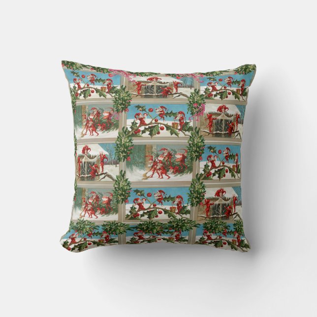 FUNNY RED CHRISTMAS ELVES,HOLLYBERRIES,MISTLETOES THROW PILLOW (Front)
