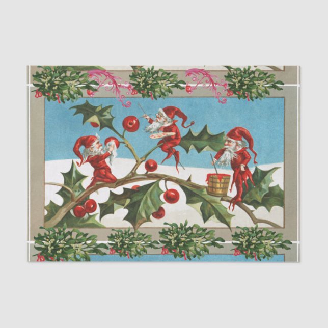 FUNNY RED CHRISTMAS ELVES,HOLLYBERRIES,MISTLETOES TISSUE PAPER (Front)