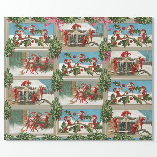 FUNNY RED CHRISTMAS ELVESHOLLYBERRIESMISTLETOES WRAPPING PAPER