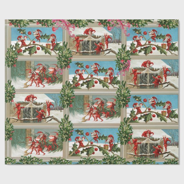 FUNNY RED CHRISTMAS ELVES,HOLLYBERRIES,MISTLETOES WRAPPING PAPER (Flat)