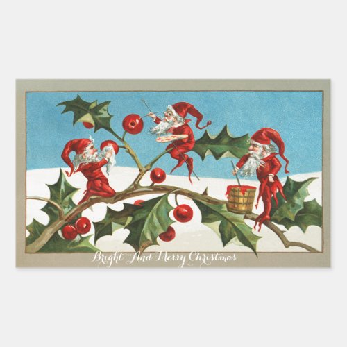 FUNNY RED CHRISTMAS ELVES PAINTING HOLLYBERRIES RECTANGULAR STICKER