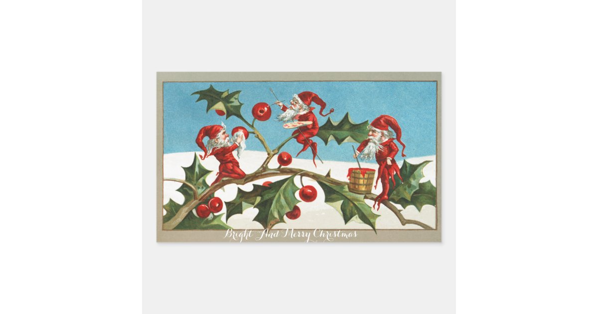 Funny Red Christmas Elves Painting Hollyberries Rectangular Sticker