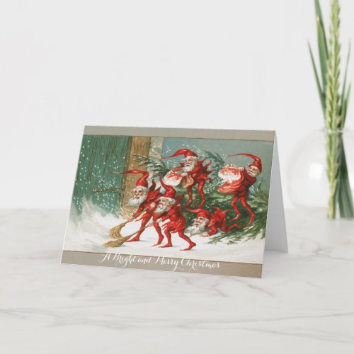 FUNNY RED CHRISTMAS ELVES SWEEPING IN THE SNOW HOLIDAY CARD