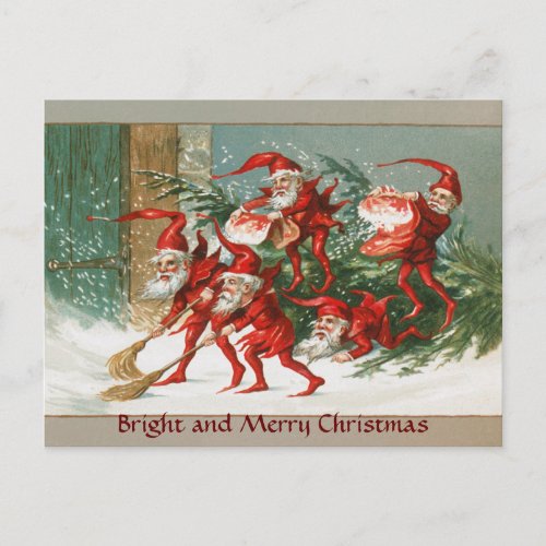 FUNNY RED CHRISTMAS ELVES SWEEPING IN THE SNOW HOLIDAY POSTCARD