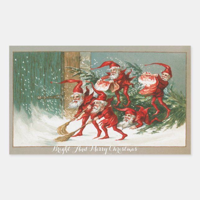 FUNNY RED CHRISTMAS ELVES SWEEPING IN THE SNOW RECTANGULAR STICKER (Front)