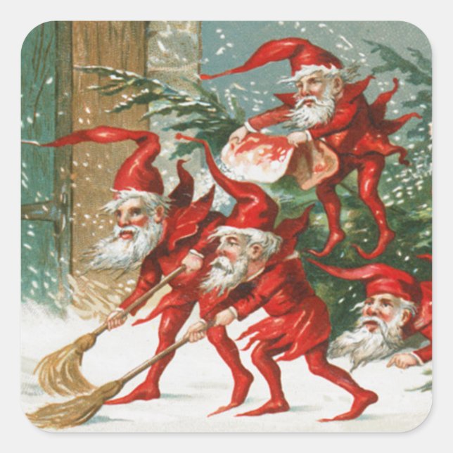 FUNNY RED CHRISTMAS ELVES SWEEPING IN THE SNOW SQUARE STICKER (Front)