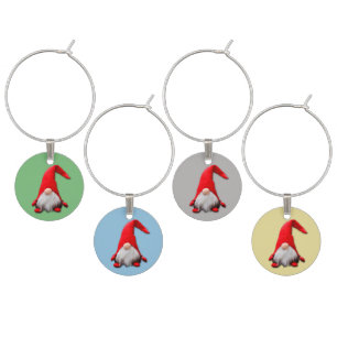 Funny Red Christmas Gnome Wine Glass Charm Set