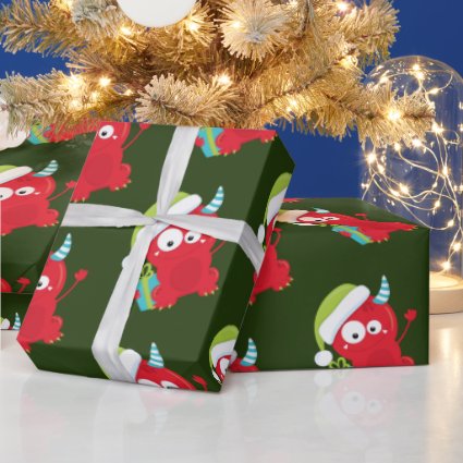 Funny Red Christmas Monster Kids Holiday Wrapping Paper