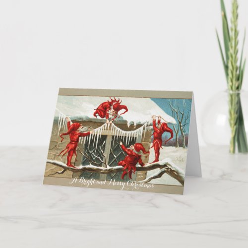 FUNNY RED ELVES AND CHRISTMAS DECOR WITH ICICLES HOLIDAY CARD