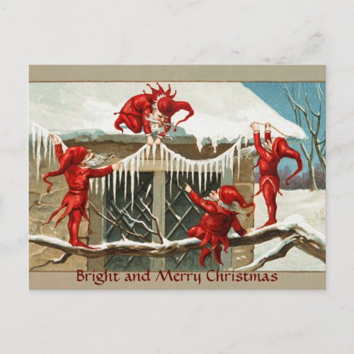 FUNNY RED ELVES AND CHRISTMAS DECOR WITH ICICLES HOLIDAY POSTCARD