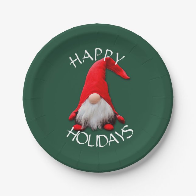 Funny Red Gnome Christmas Paper Plates (Front)