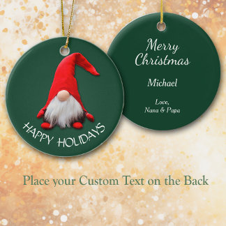 Funny Red Gnome Happy Holidays Ceramic Ornament