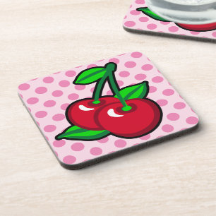 Funny Red Green Black Pink Cherries Fruit Pop Art Beverage Coaster