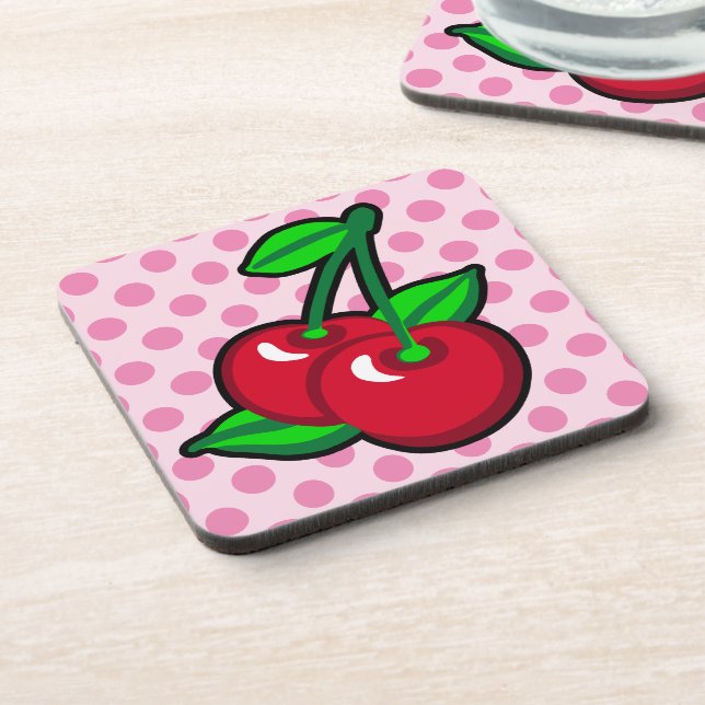 Funny Red Green Black Pink Cherries Fruit Pop Art Beverage Coaster (Left Side)