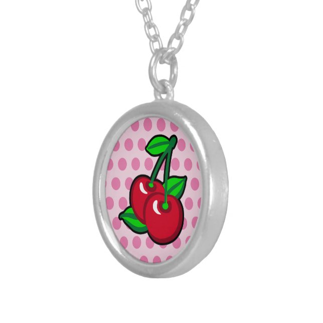 Funny Red Green Black Pink Cherries Fruit Pop Art Silver Plated Necklace (Front Right)