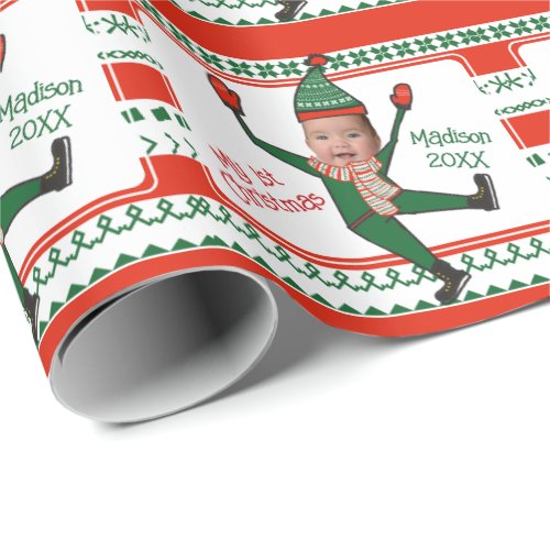 Funny Red Green Elf My First Christmas Custom Wrapping Paper