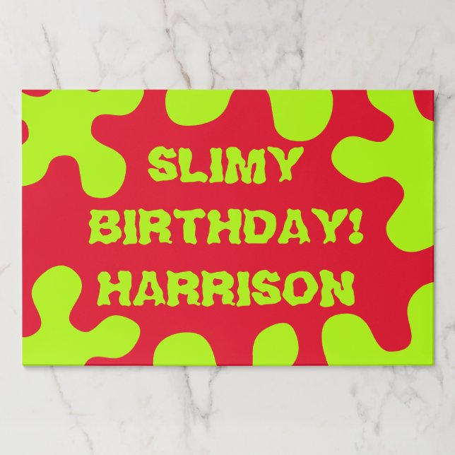 Funny red green slime name birthday placemats (Front)