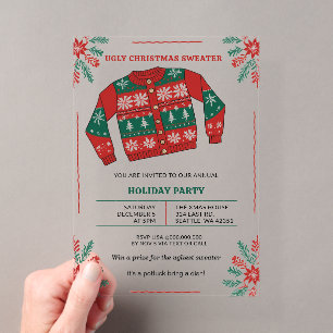 Funny Red Green Ugly Christmas Sweater Party Acrylic Invitations