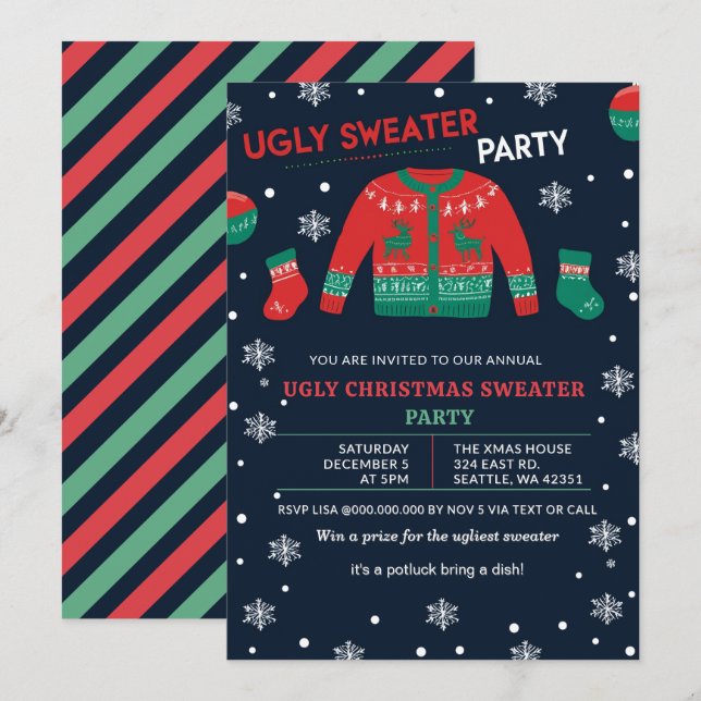 Funny Red Green Ugly Christmas Sweater Party Invitation (Front/Back)
