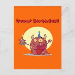Funny Red Happy Birthday Monster With Cake Postcard