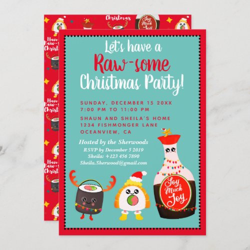 Funny Red Kawaii Sushi Festive Christmas Party Invitation