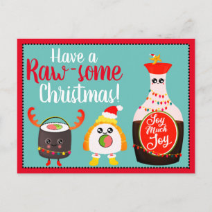 Funny Red Kawaii Sushi Food Pun Merry Christmas Postcard