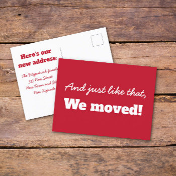 Funny Red Minimal Typography Moving Announcement Postcard by Shellibean_on_zazzle at Zazzle