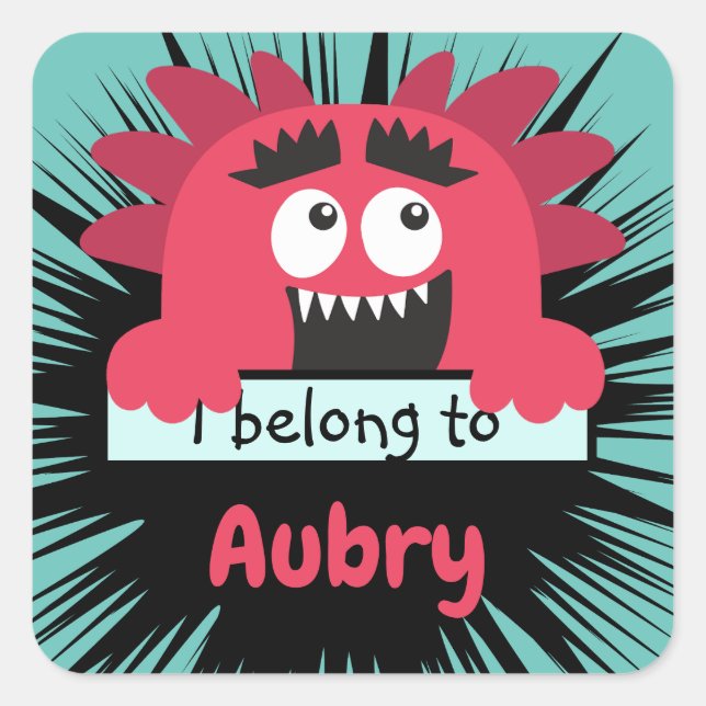 Funny Red Monster School Buddy Personalized Square Sticker (Front)