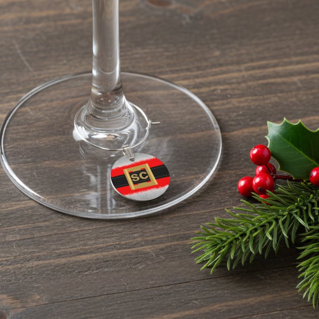 Funny Red Mrs Santa Claus Suit Monogram Christmas Wine Glass Charm (Fun and festive wine charm makes the perfect stocking stuffer. Add your initials)