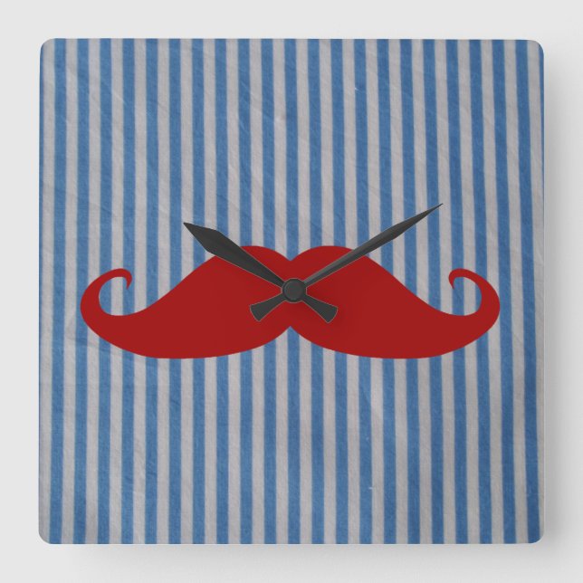 Funny Red Mustache And Blue White Stripes Square Wall Clock (Front)