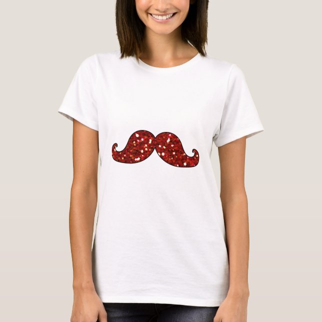 FUNNY RED MUSTACHE PRINTED GLITTER T-Shirt (Front)