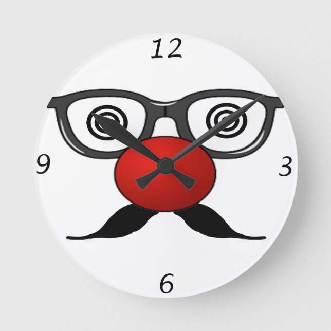 Funny Red Nose weird eyes glasses moustache Round Clock (Front)