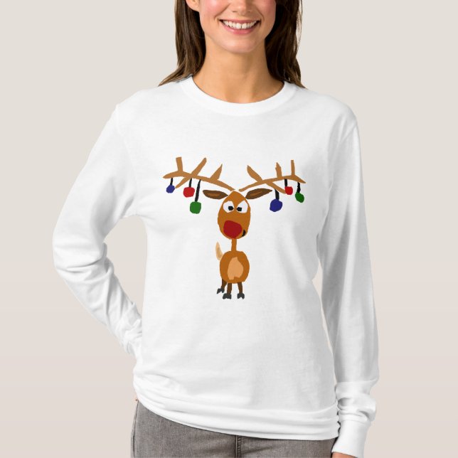 Funny Red Nosed reindeer Christmas Art T-Shirt (Front)