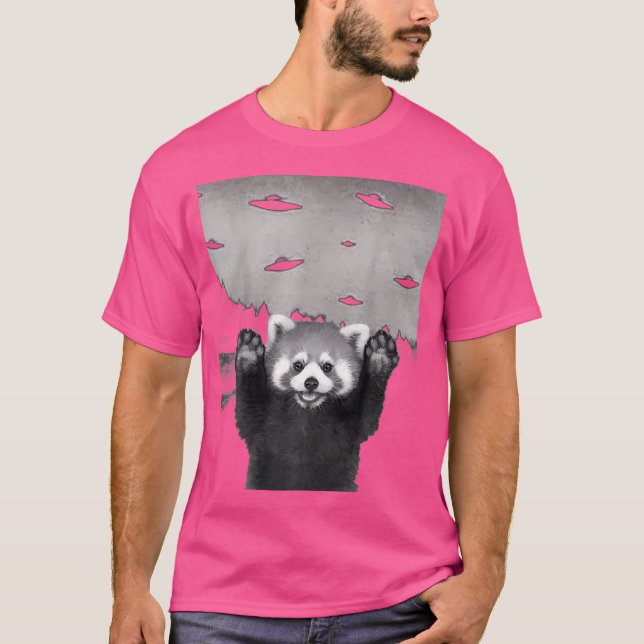 Funny Red Panda Selfie In Alien Ufo Invasion T-Shirt (Front)