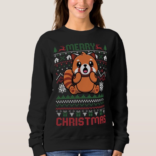 Funny Red Panda Ugly Christmas Lights Sweater (Front)