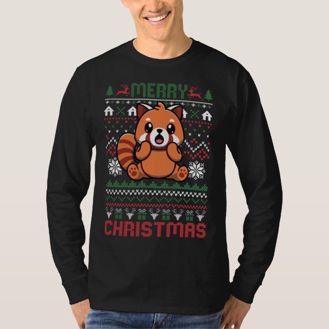 Funny Red Panda Ugly Christmas Lights T-Shirt (Front)