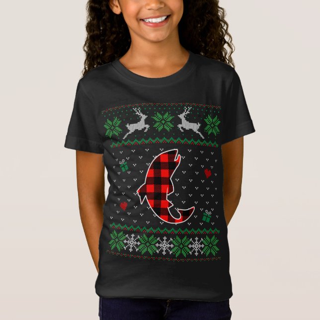 Funny Red Plaid Ugly Sweater Christmas Fish Animal (Front)