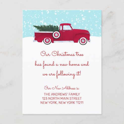 Funny Red Retro Truck Christmas Tree Moving Announcement Postcard
